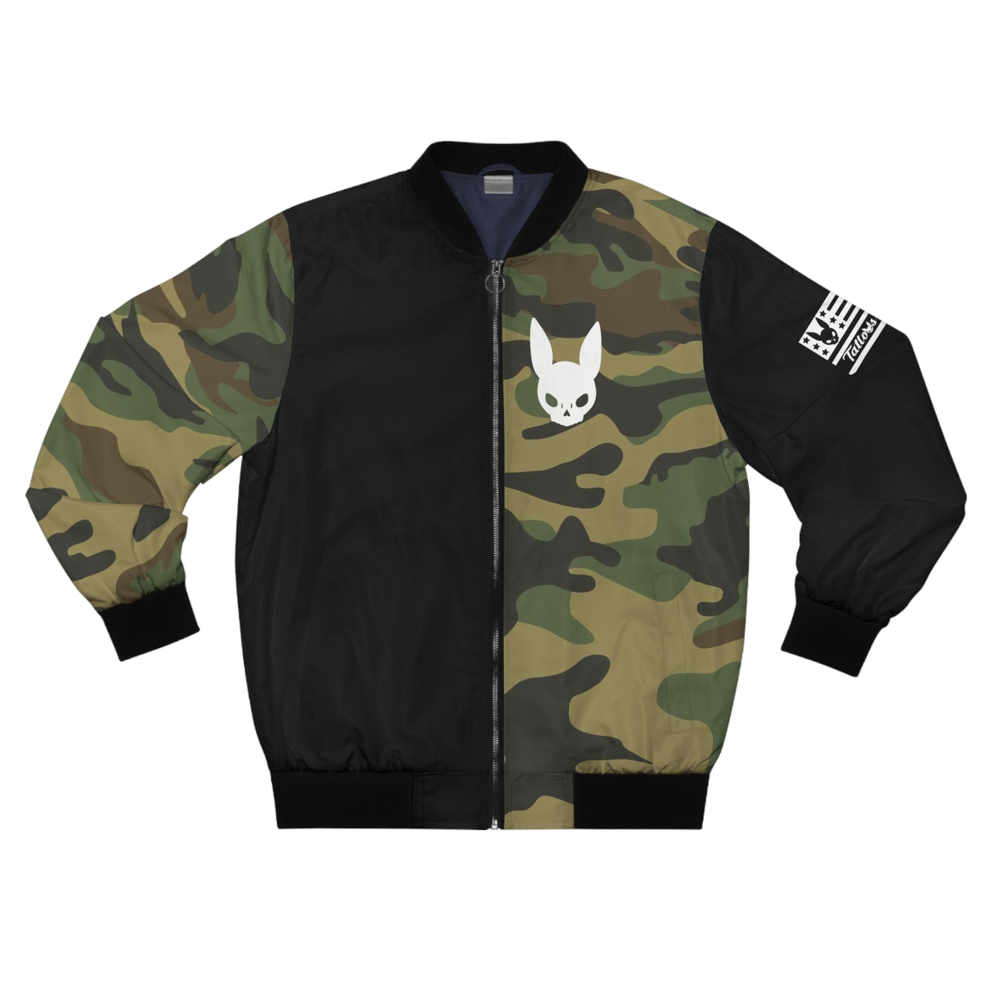 Camo Skull Bunny Bomber Jacket — Military Camo Streetwear with Rabbit Skull Graphic
