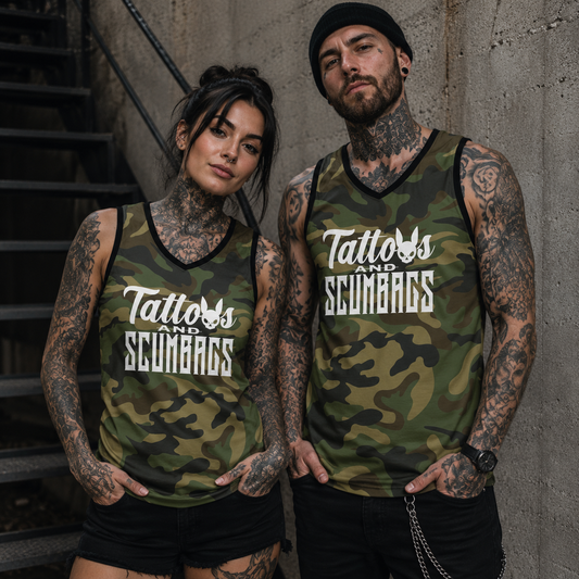 Camo 'Tattoos and Scumbags' Basketball Jersey — Skull Bunny All-Over Print