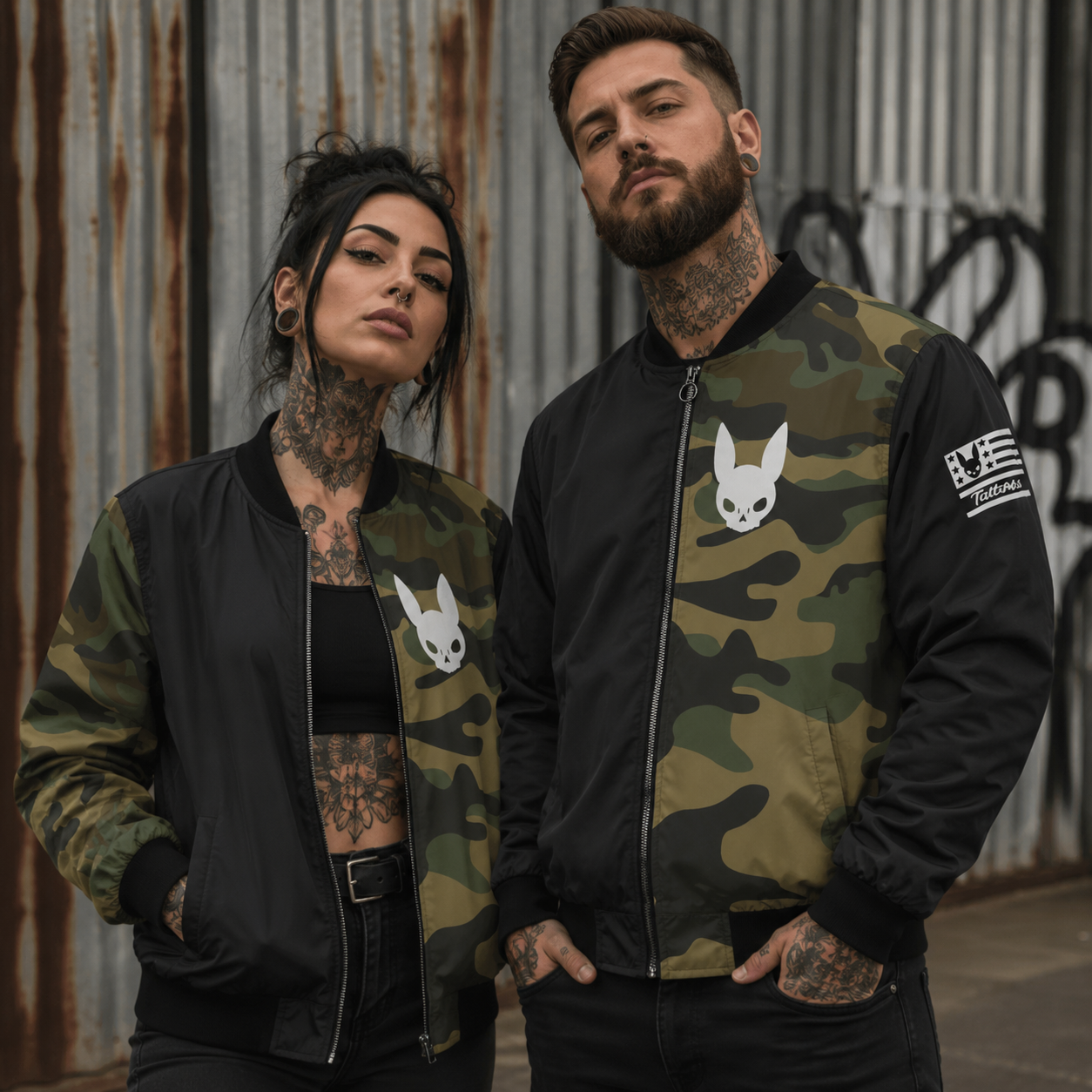 Camo Skull Bunny Bomber Jacket — Military Camo Streetwear with Rabbit Skull Graphic