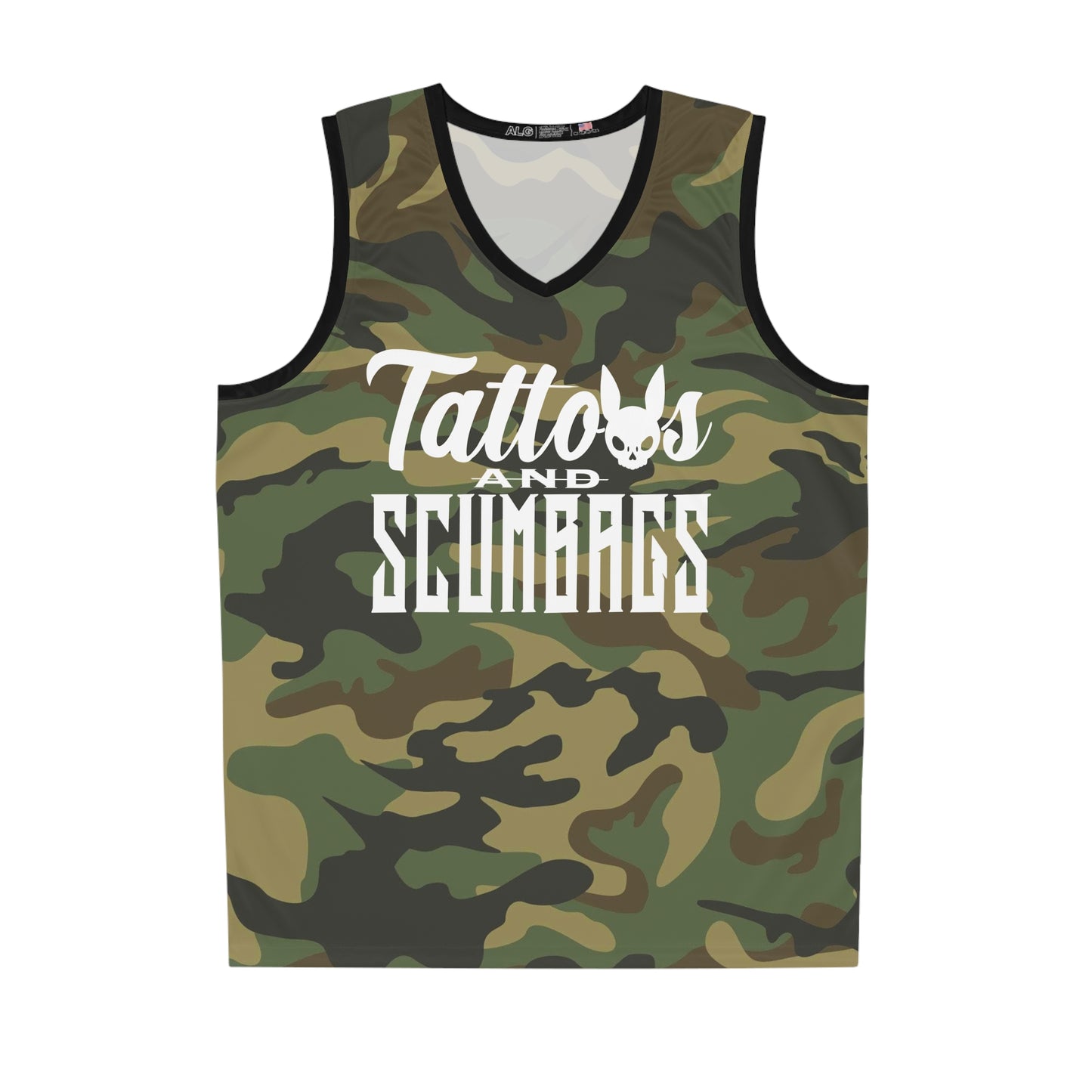 Camo 'Tattoos and Scumbags' Basketball Jersey — Skull Bunny All-Over Print